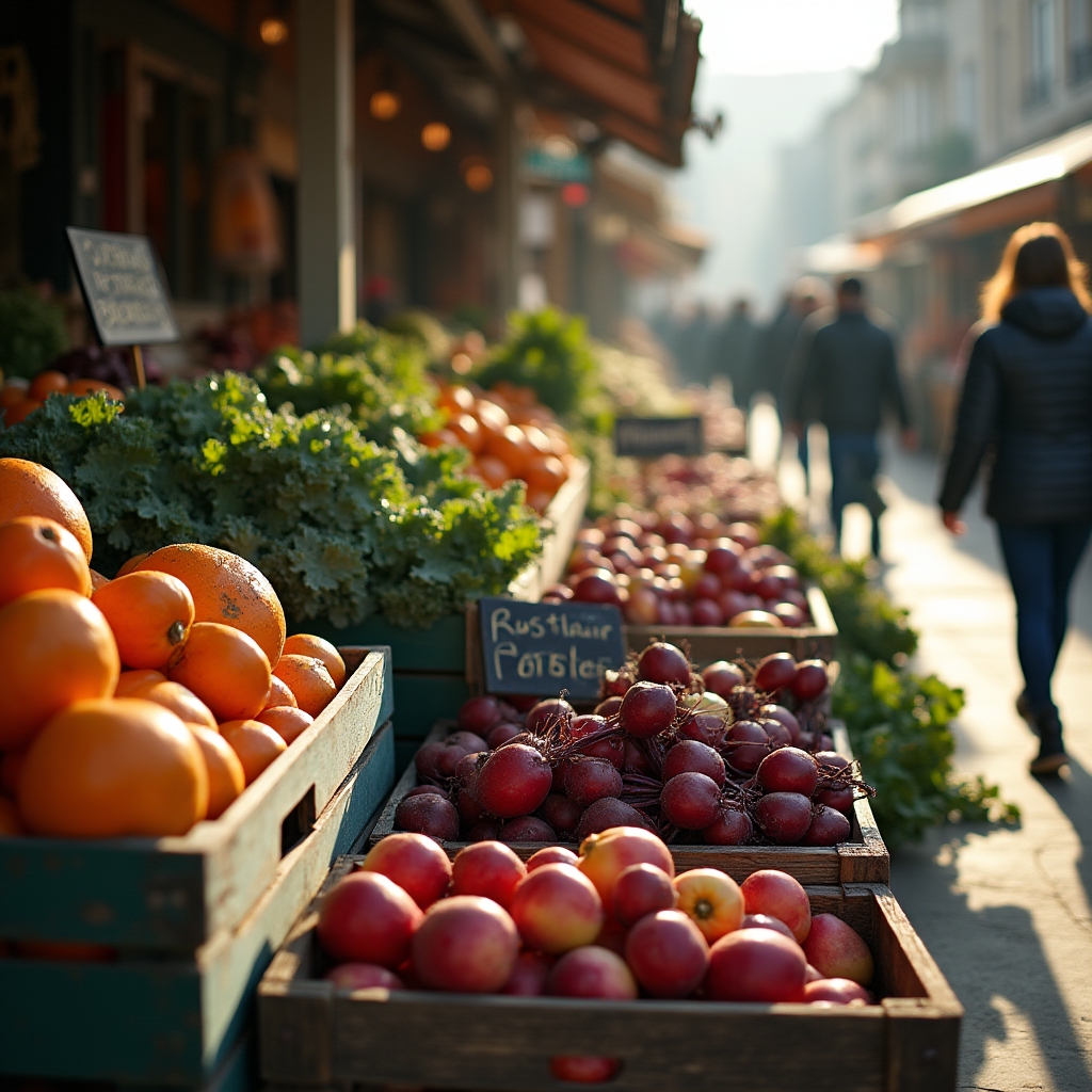 Marktstand mit Kisten voller saisonalem Gemüse und handgeschriebenen Preisschildern