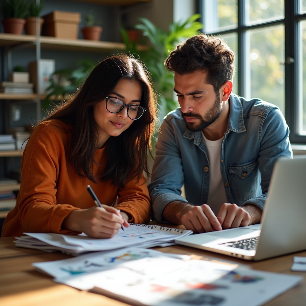 Arbeitsplatz mit Notizbuch, Laptop und Stoffmustern, an dem Inhalte für die Bildungsplattform entstehen